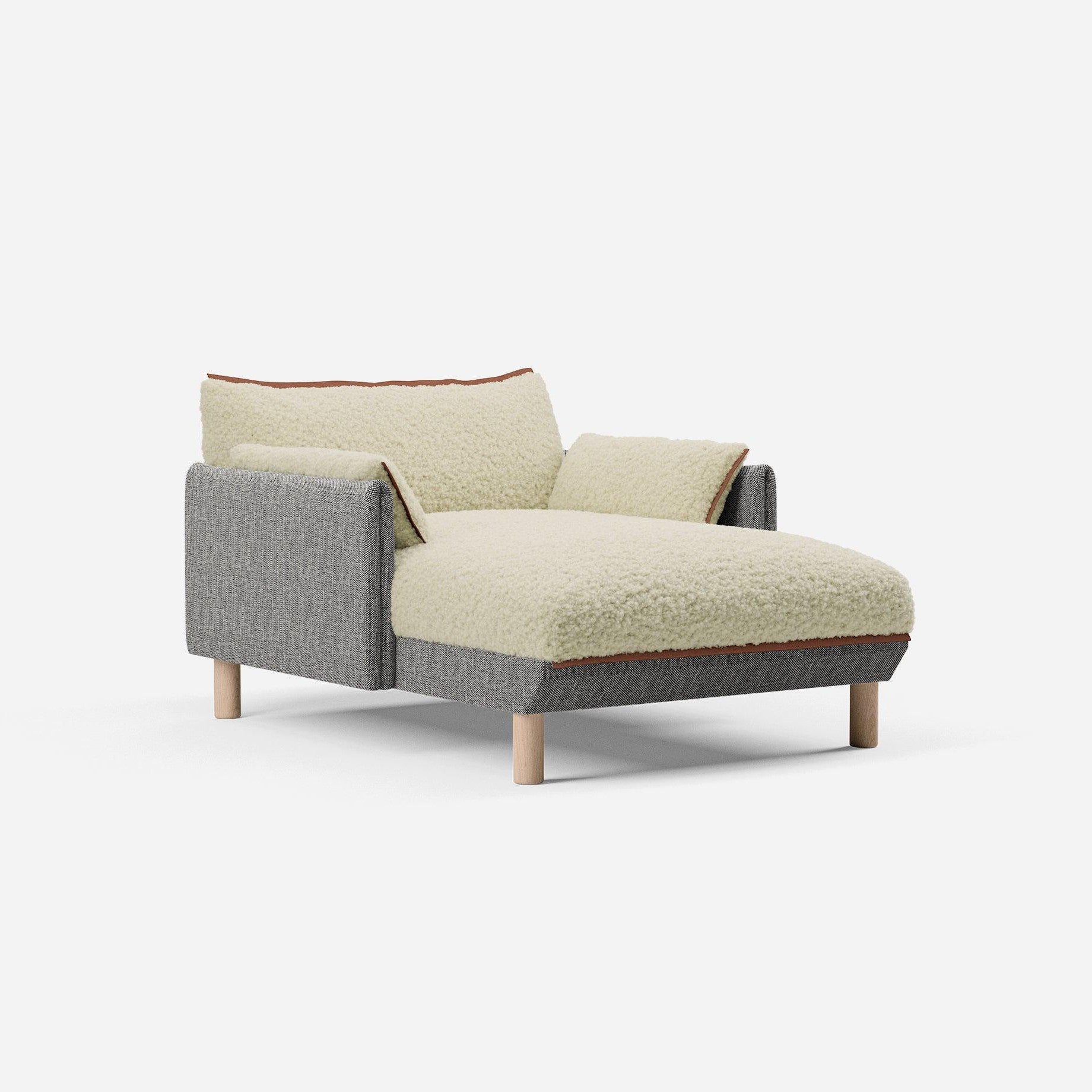 1.5 Seater Chaise Sofa | Textured Weave Salt & Pepper - Cozmo @ Cream Fleece Jacket | Brick Trim