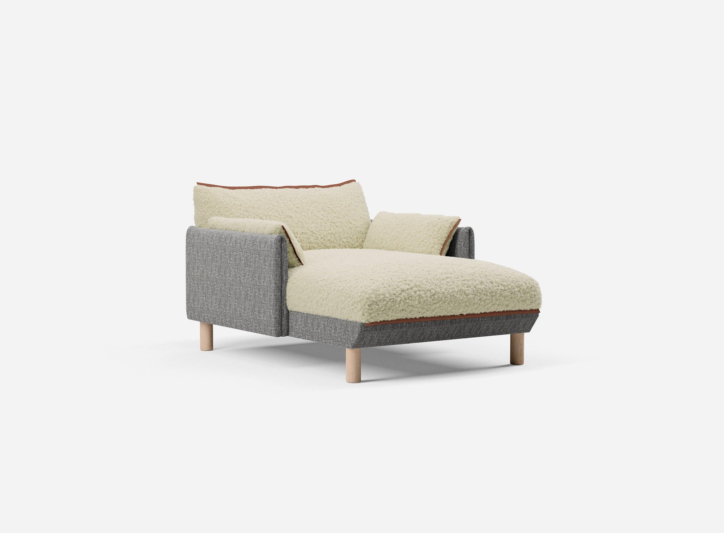 1.5 Seater Chaise Sofa | Textured Weave Salt & Pepper - Cozmo @ Cream Fleece Jacket | Brick Trim