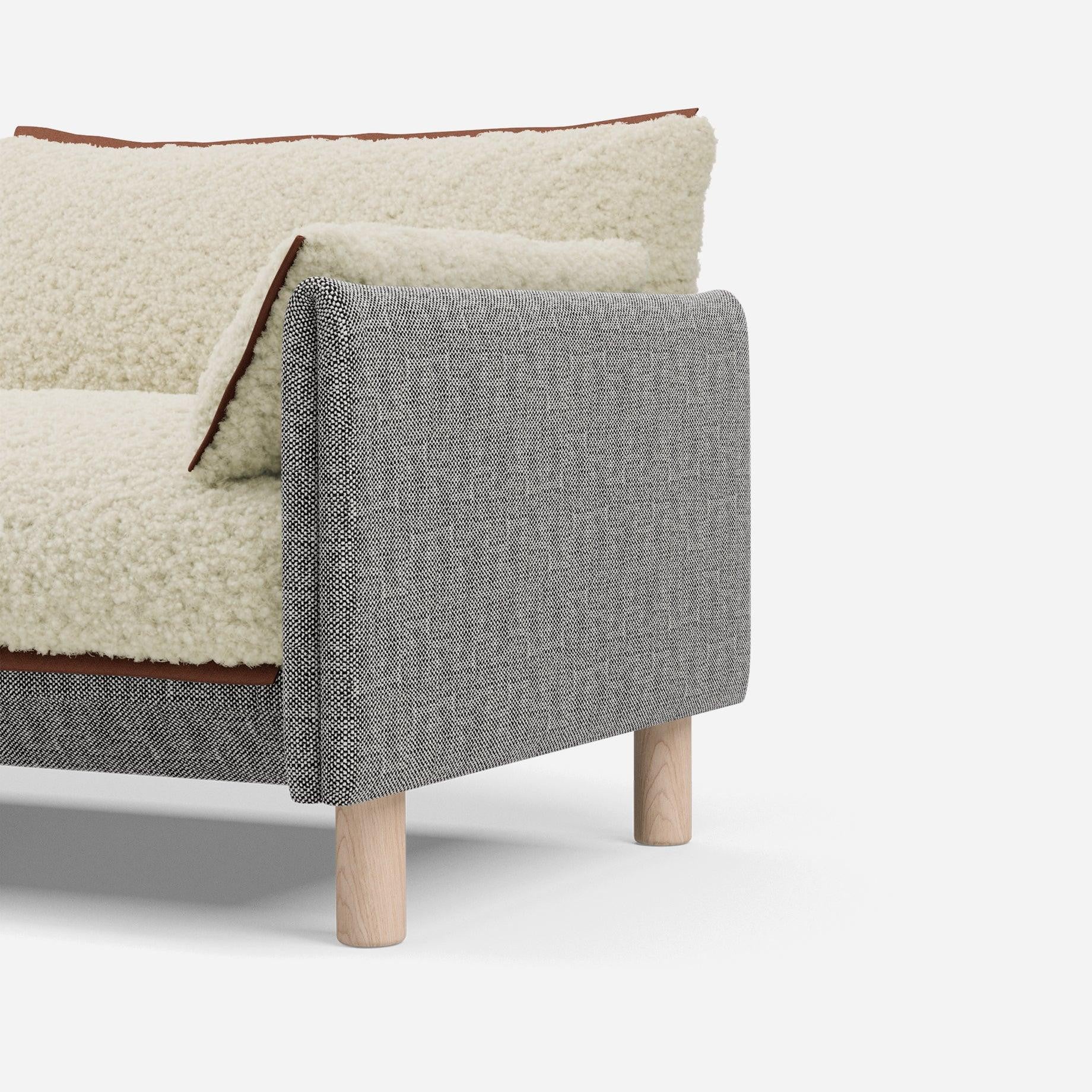 1.5 Seater Chaise Sofa | Textured Weave Salt & Pepper - Cozmo @ Cream Fleece Jacket | Brick Trim