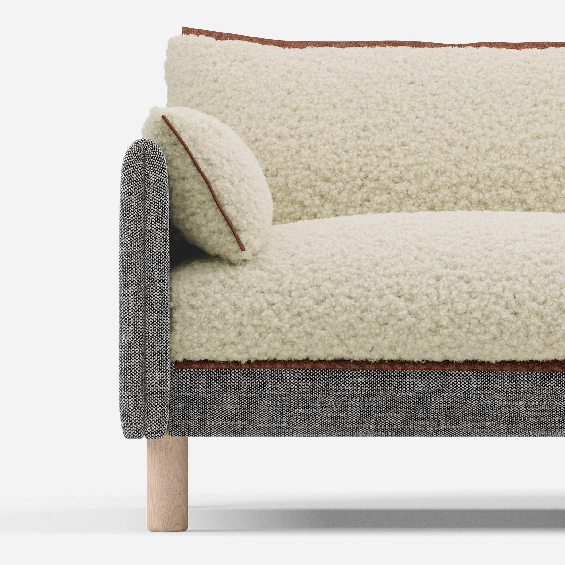 1.5 Seater Chaise Sofa | Textured Weave Salt & Pepper - Cozmo @ Cream Fleece Jacket | Brick Trim