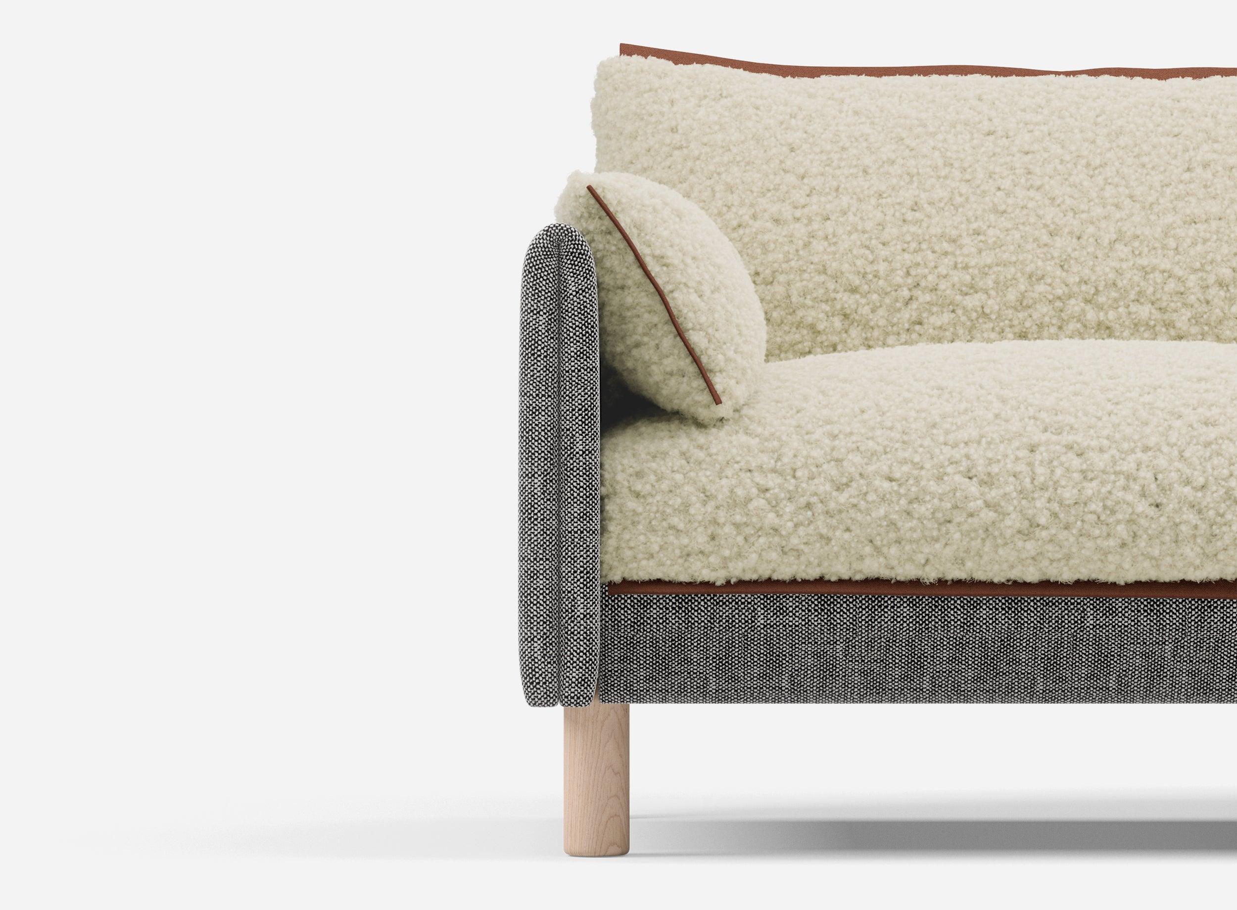 1.5 Seater Chaise Sofa | Textured Weave Salt & Pepper - Cozmo @ Cream Fleece Jacket | Brick Trim