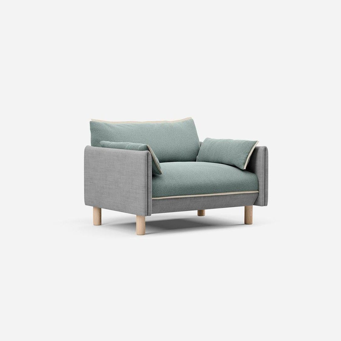 1.5 Seater Sofa | Weave Light Grey - Cozmo@ Sage Cotton Jacket | Natural Trim