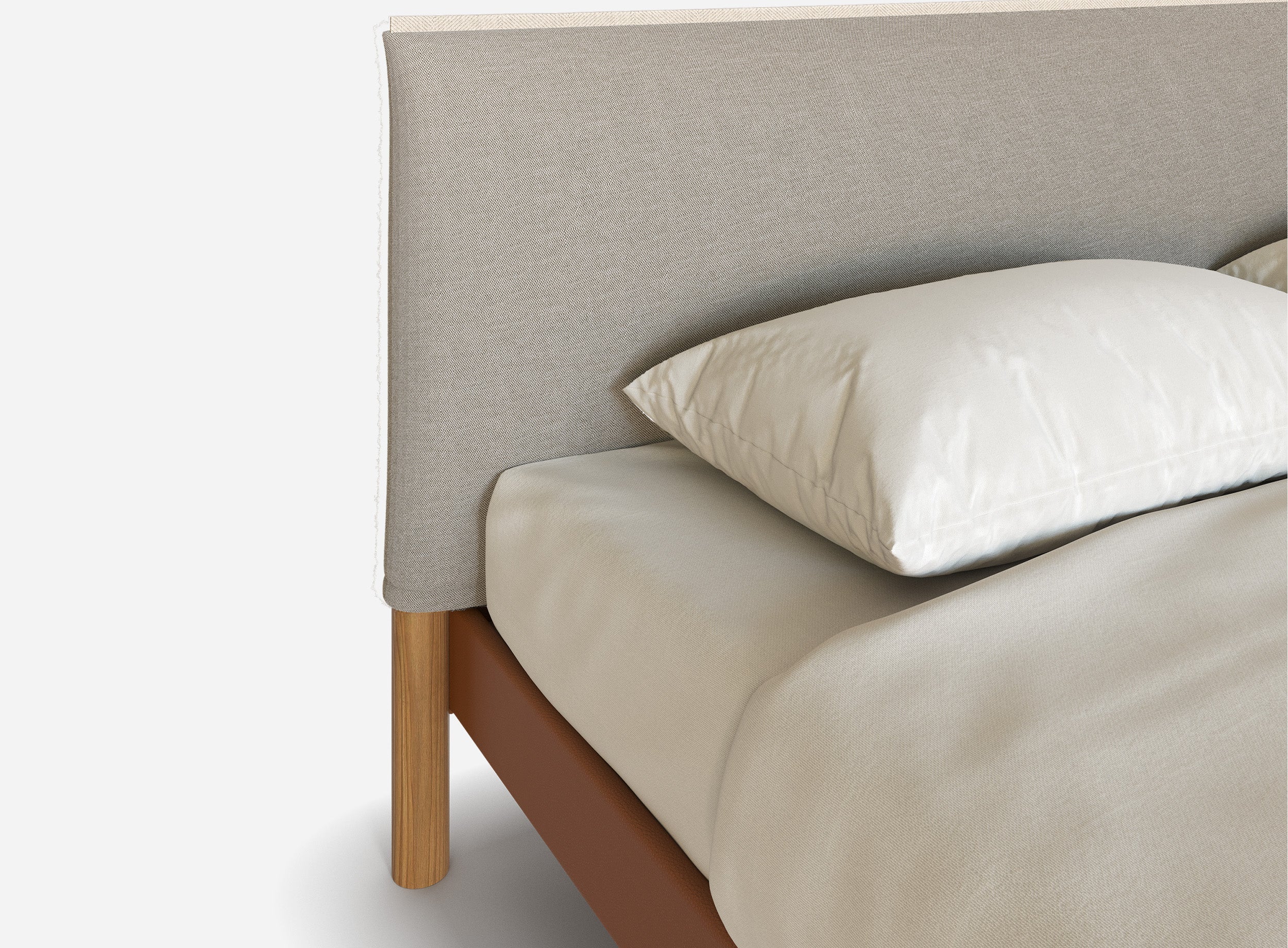 Cozy Bed | King - Tan Vegan Leather Frame | Natural Linen Weave Headboard